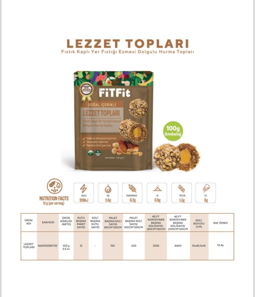 FitFit Fıstık Kaplı Yer Fıstığı Ezmesi Dolgulu Hurmalı Meyve Topları Glutensiz Doğal Atıştırmalık 100GR X 5 ADET