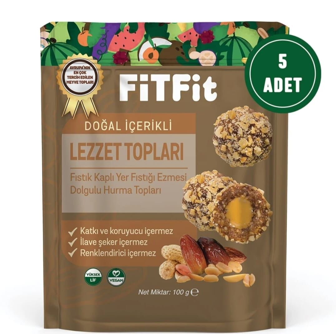 FitFit Fıstık Kaplı Yer Fıstığı Ezmesi Dolgulu Hurmalı Meyve Topları Glutensiz Doğal Atıştırmalık 100GR X 5 ADET