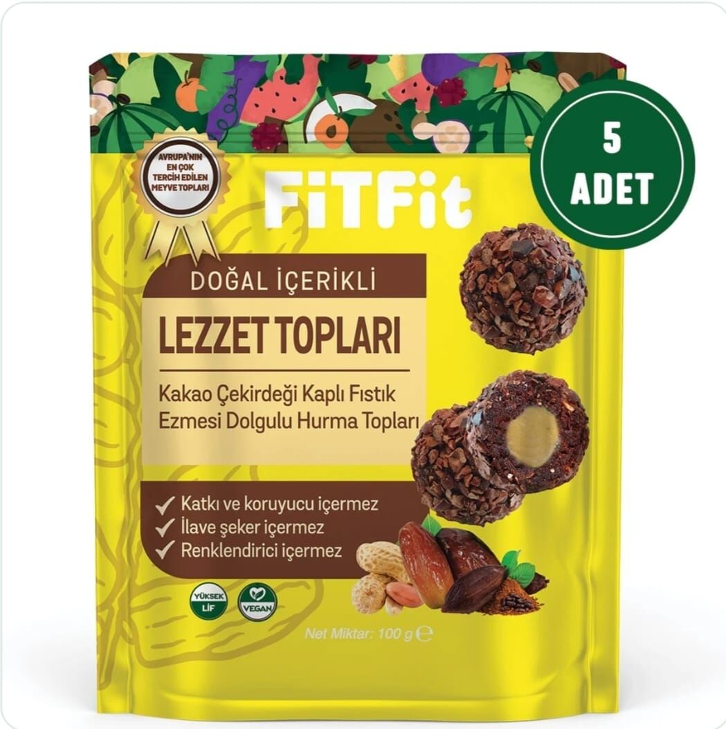 FitFit Kakao Çekirdeği Kaplı Fıstık Ezmesi Dolgulu Hurmalı Meyve Topları Glutensiz Doğal Atıştırmalık 100GR X 5 ADET