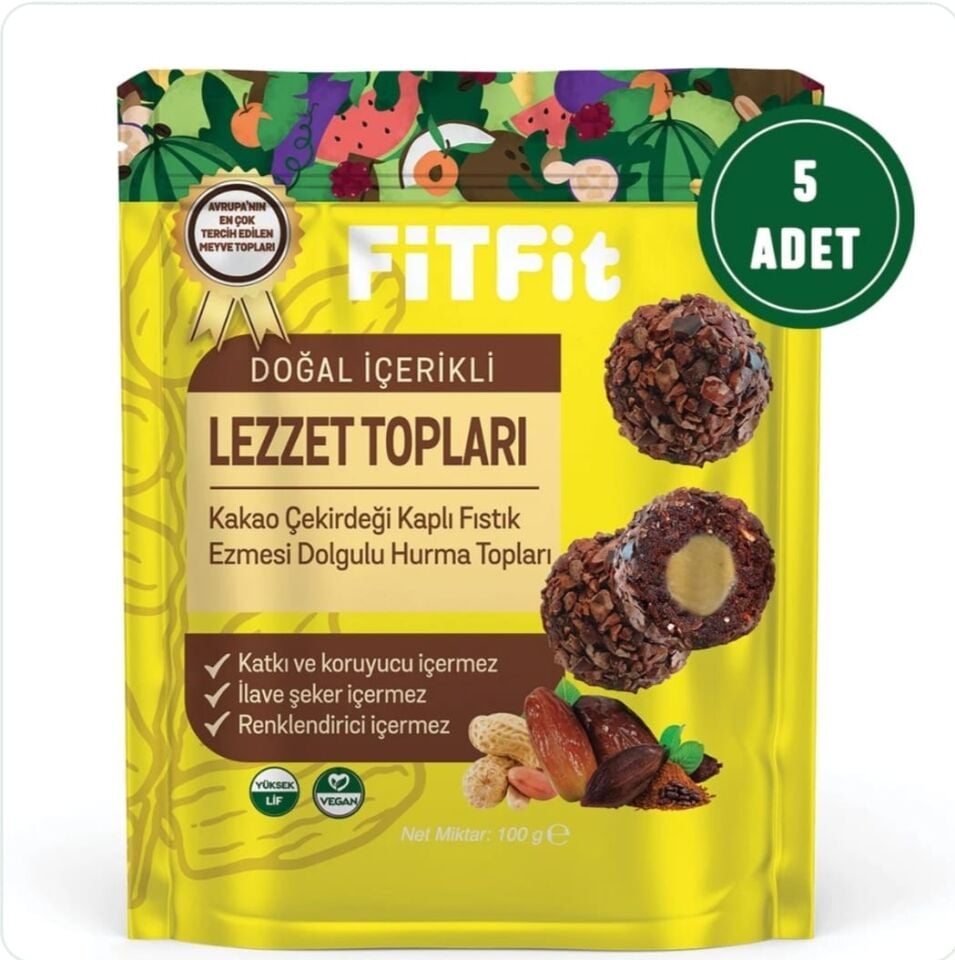 FitFit Kakao Çekirdeği Kaplı Fıstık Ezmesi Dolgulu Hurmalı Meyve Topları Glutensiz Doğal Atıştırmalık 100GR X 5 ADET