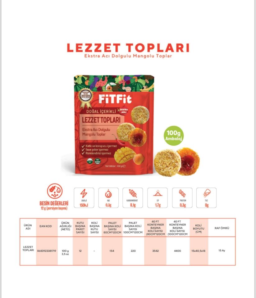 FitFit Hindistan Cevizi Kaplı Ekstra Acı Dolgulu Mangolu Meyve Topları Glutensiz Doğal Atıştırmalık 100GR X 5 ADET