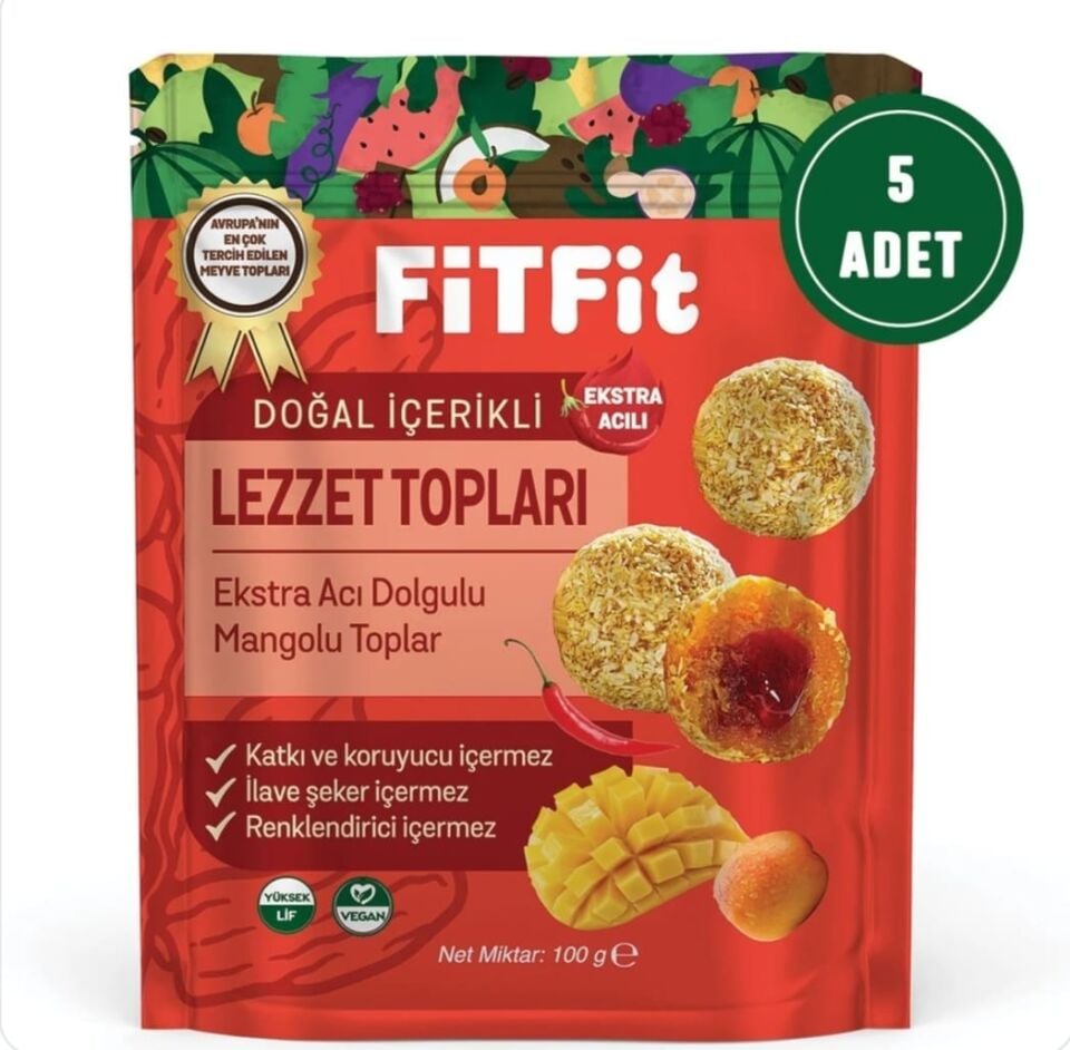 FitFit Hindistan Cevizi Kaplı Ekstra Acı Dolgulu Mangolu Meyve Topları Glutensiz Doğal Atıştırmalık 100GR X 5 ADET