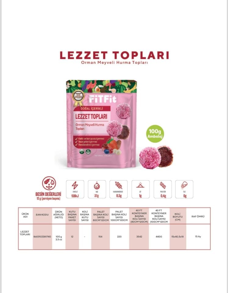 FitFit Hindistan Cevizi Kaplı Orman Meyveli Hurma Meyve Topları Glutensiz Doğal Atıştırmalık 100GR X 5 ADET