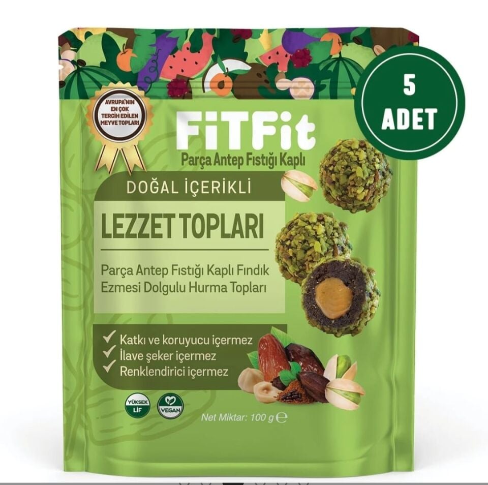 FitFit Antep Fıstıklı ve Hurmalı Meyve Topları Glutensiz Doğal Atıştırmalık 100GR X 5 ADET
