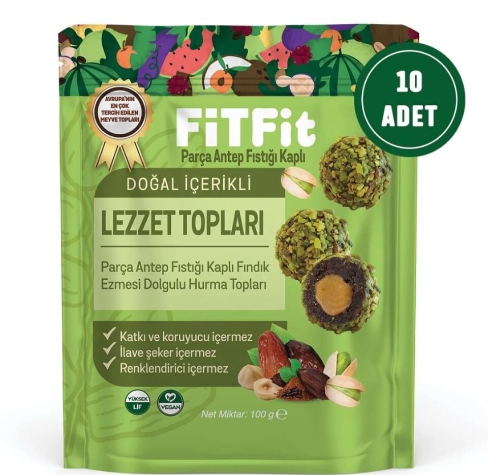 FitFit Antep Fıstıklı ve Hurmalı Meyve Topları Glutensi, Doğal Atıştırmalık 100GR X 10 ADET