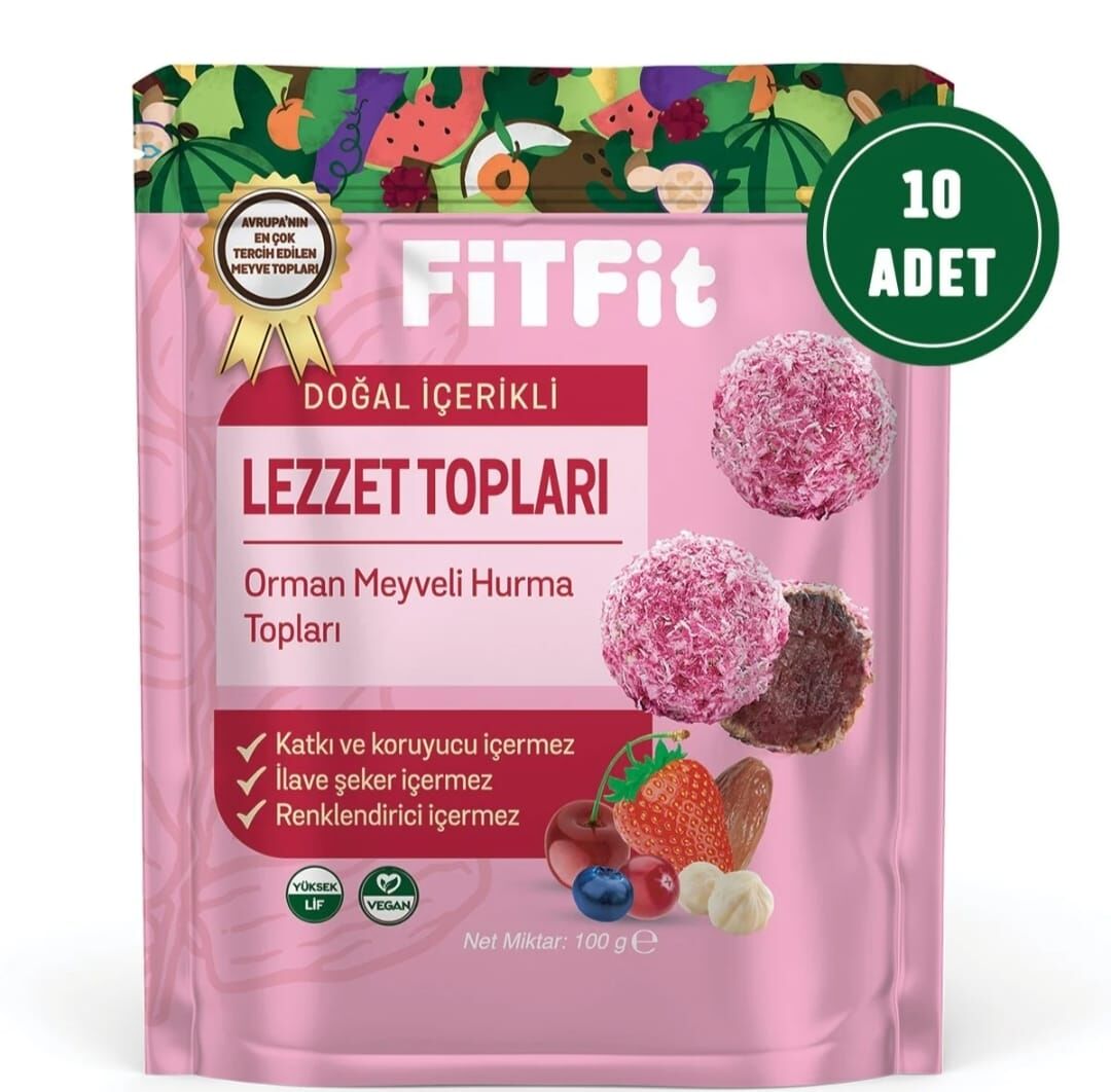 FitFit Hindistan Cevizi Kaplı Orman Meyveli Hurma Meyve Topları Glutensiz Doğal Atıştırmalık 100GR X 10 ADET