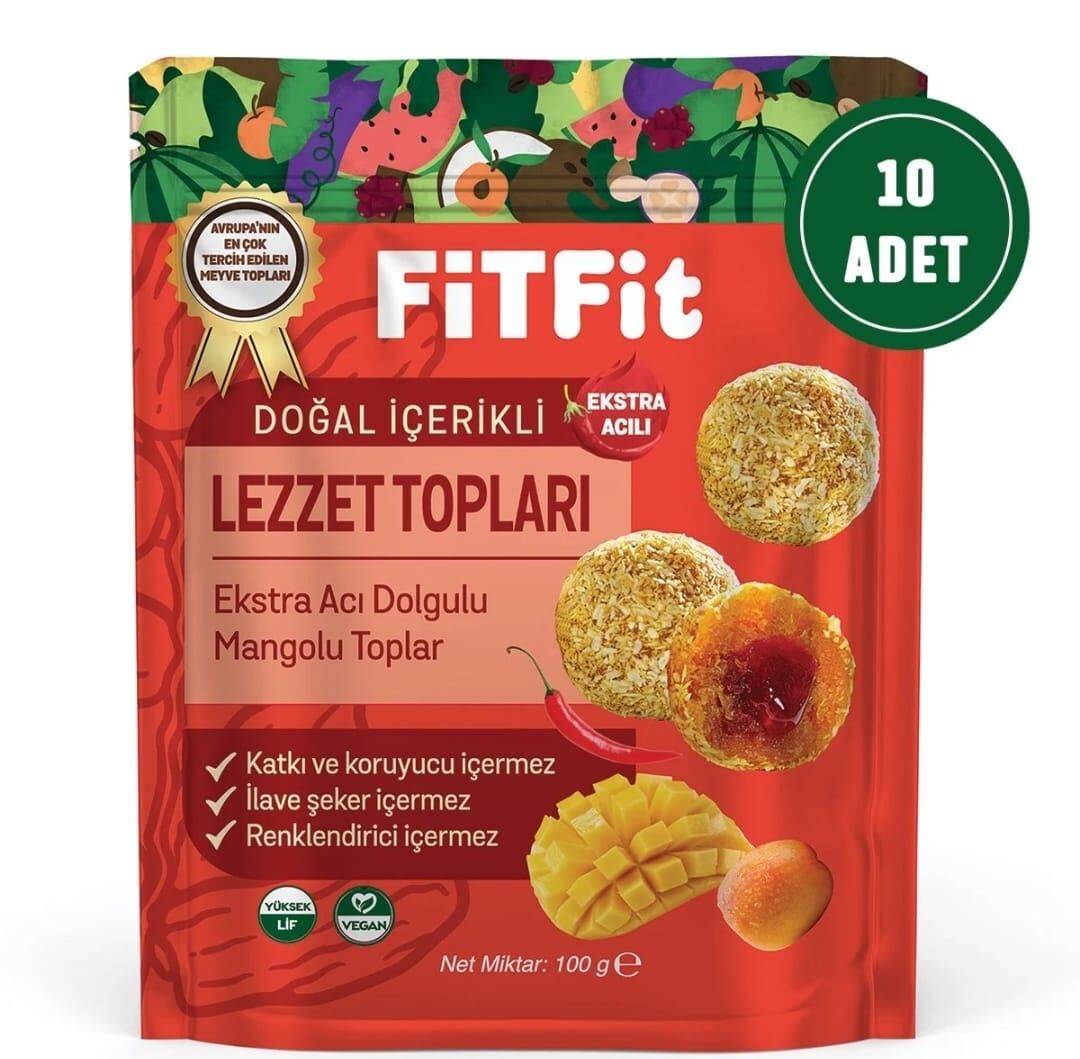 FitFit Hindistan Cevizi Kaplı Ekstra Acı Dolgulu Mangolu Meyve Topları Glutensiz Doğal Atıştırmalık 100GR X 10 ADET