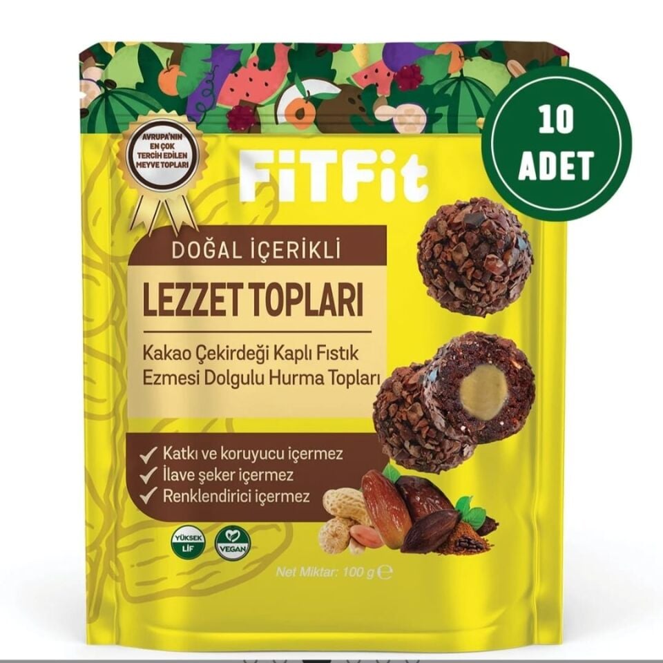FitFit Kakao Çekirdeği Kaplı Fıstık Ezmesi Dolgulu Hurmalı Meyve Topları Glutensiz Doğal Atıştırmalık 100GR X 10 ADET