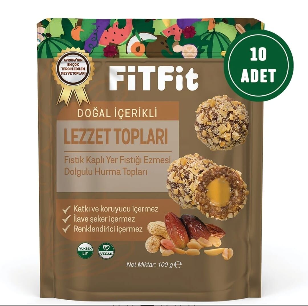 FitFit Fıstık Kaplı Yer Fıstığı Ezmesi Dolgulu Hurmalı Meyve Topları Glutensiz Doğal Atıştırmalık 100GR X 10 ADET