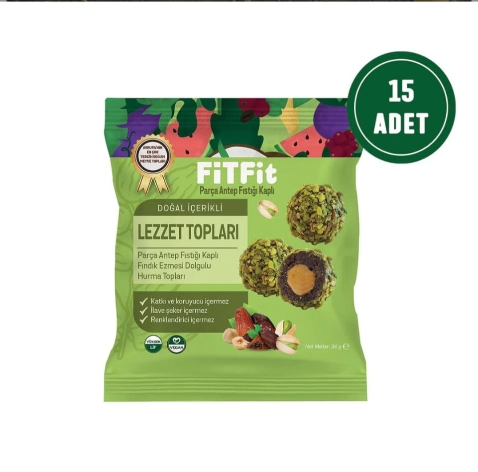 FitFit Antep Fıstıklı ve Fıstık Ezmesi Dolgulu Hurmalı Meyve Topları Glutensiz Doğal Atıştırmalık 36GR X 15 ADET