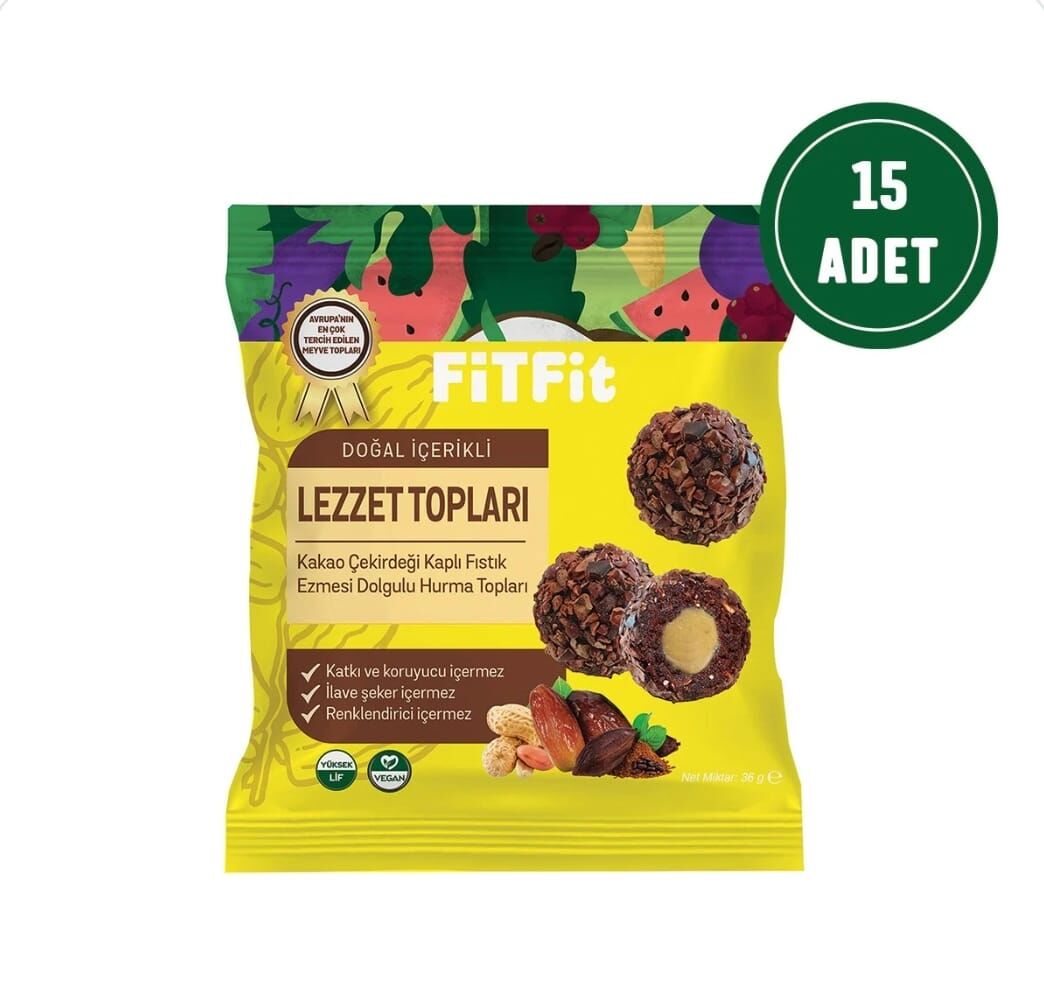 FitFit Kakao Çekirdeği Kaplı Fıstık Ezmesi Dolgulu Hurma Meyve Topları Glutensiz Doğal Atıştırmalık 36gr X 15 ADET