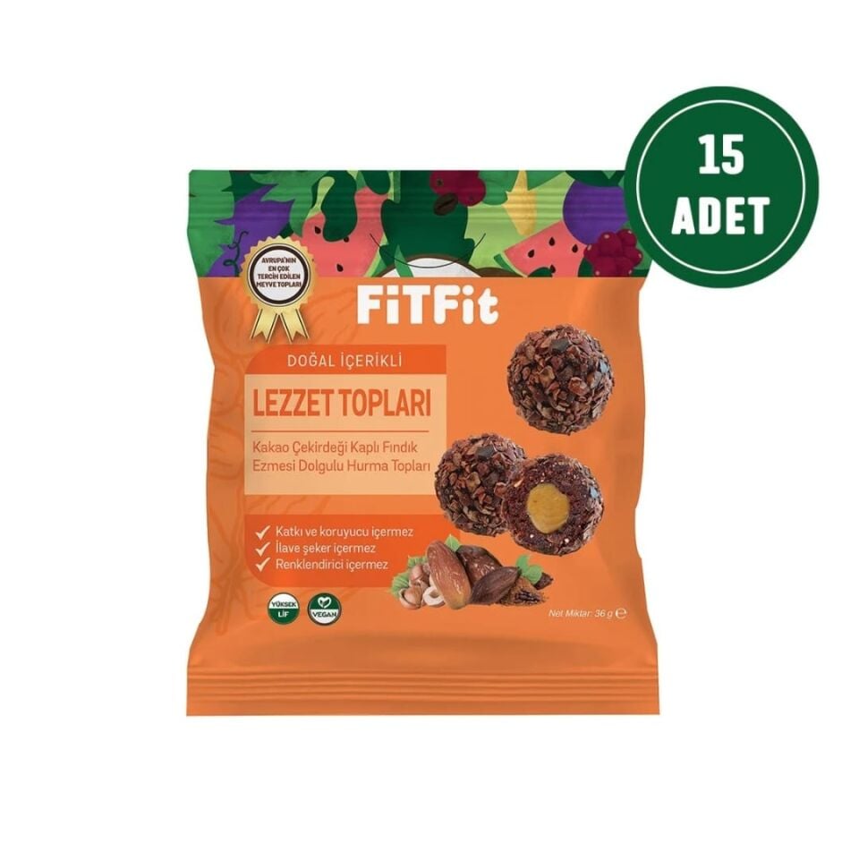 FitFit Kakao Çekirdeği Kaplı Fındık Ezmesi Dolgulu Hurma Meyve Topları Glutensiz Doğal Atıştırmalık 36gr X 15 ADET