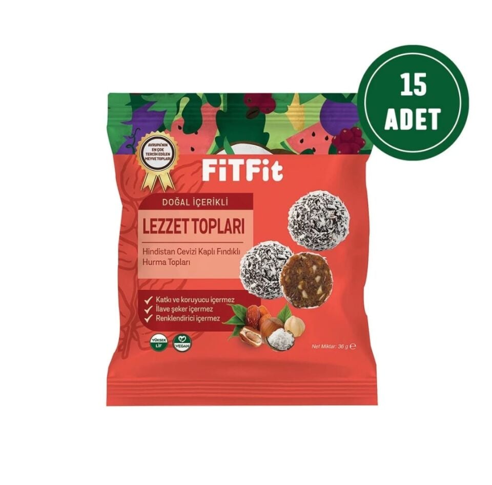FitFit Hindistan Cevizi Kaplı Hurma Fındık Meyve Topları Glutensiz Doğal Atıştırmalık 36gr X 15 ADET