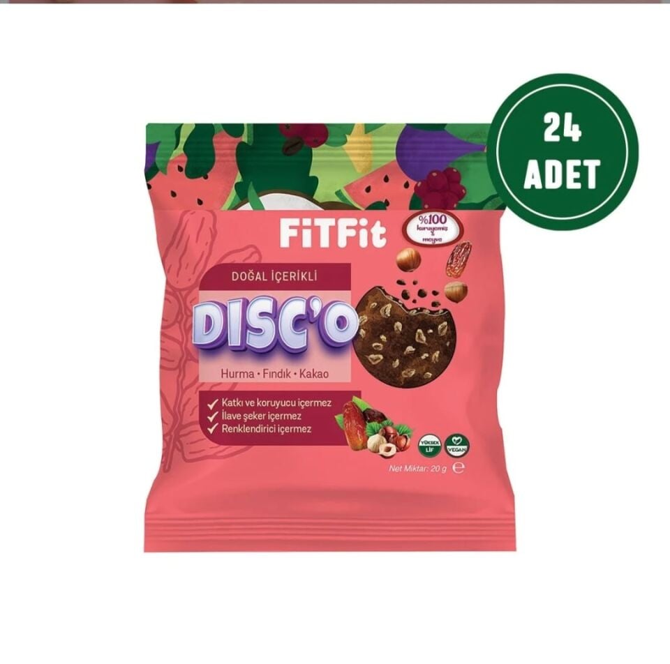 FitFit Disc'o Hurma Fındık Kakao Meyve Diski Glutensiz Doğal Atıştırmalık 20GR X 24 ADET