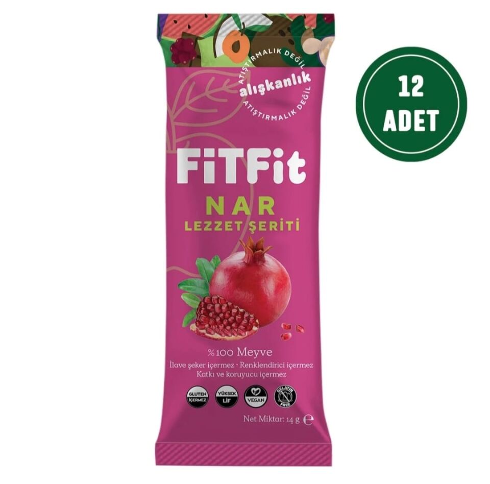 FitFit Nar Meyve Pestili Glutensiz ve Doğal Meyve Atıştırmalığı 14GR X 12 ADET