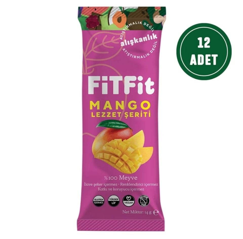 FitFit Mango Meyve Pestili Glutensiz ve Doğal Meyve Atıştırmalığı 14GR X 12 ADET