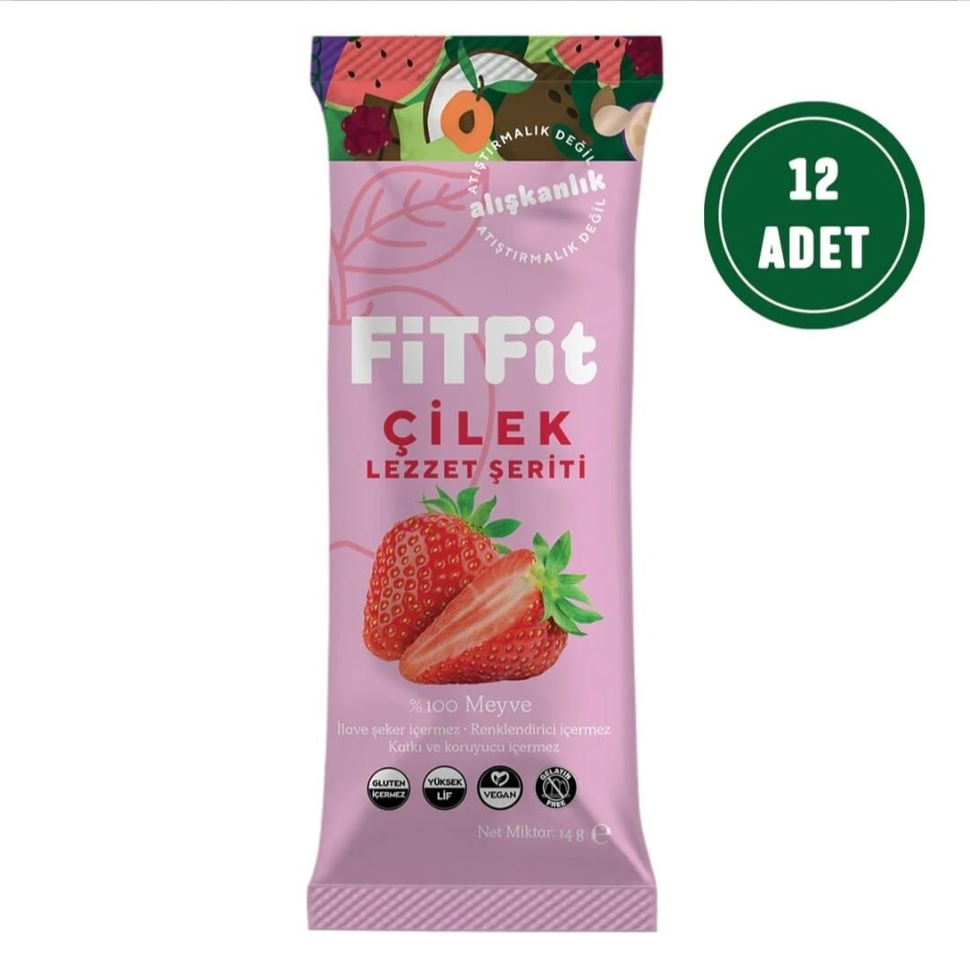 FitFit Çilek Meyve Pestili Glutensiz ve Doğal Meyve Atıştırmalığı 14GR X 12 ADET