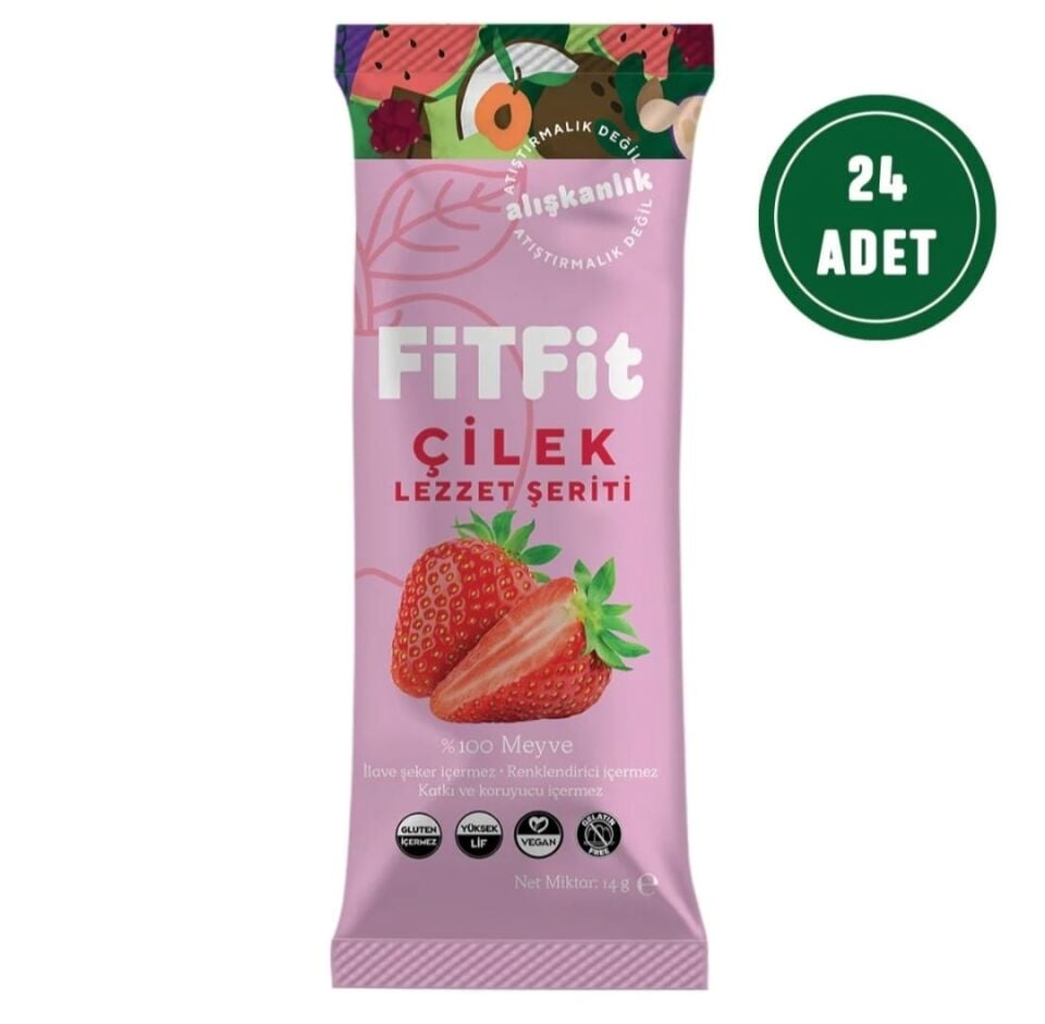 FitFit Çilek Meyve Pestili Glutensiz ve Doğal Meyve Atıştırmalığı 14GR X 24 ADET