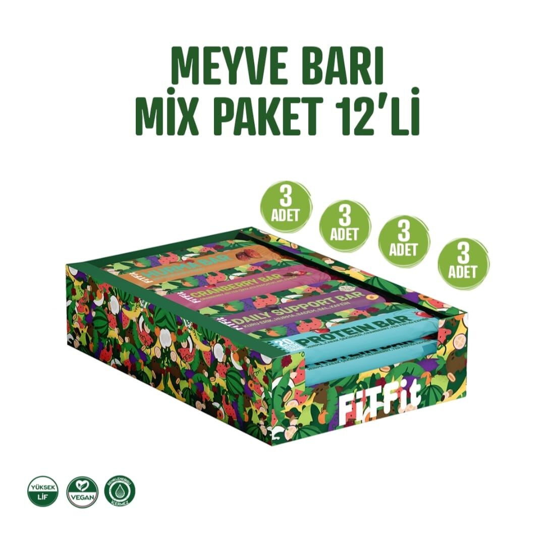 FitFit Meyve Barı Mix Paket Yüksek Proteinli, Glutensiz Doğal ve Sağlıklı Atıştırmalık 12 ADET