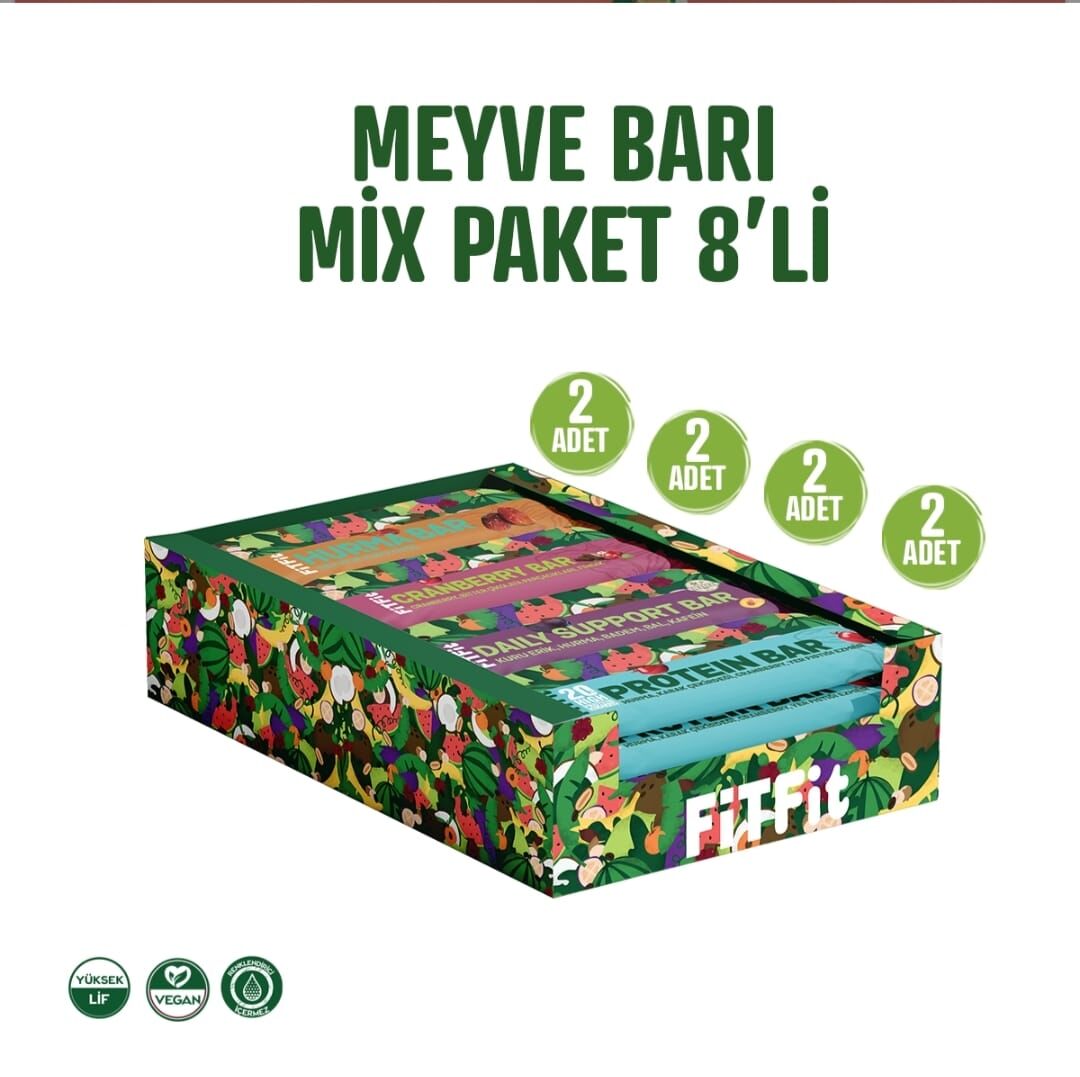 FitFit Meyve Barı Mix Paket Yüksek Proteinli, Glutensiz Doğal ve Sağlıklı Atıştırmalık 8 ADET