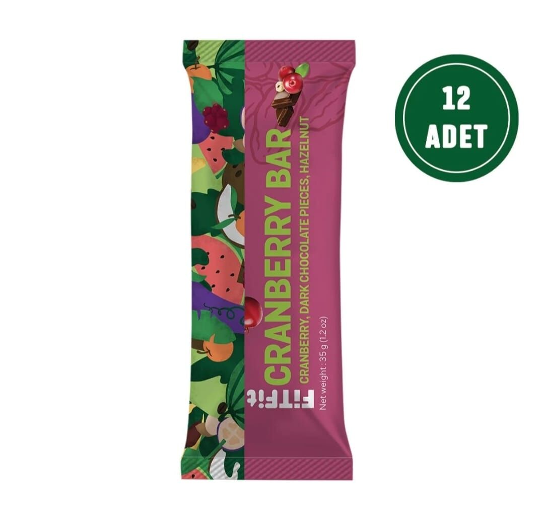 FitFit Cranberry Bitter Çikolata Parçacıklı Bar Glutensiz Doğal Atıştırmalık 35GR X 12 ADET