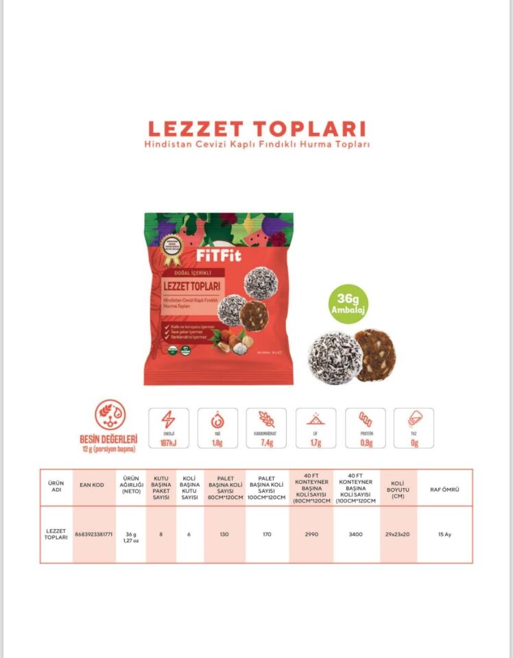 FİTFit Hindistan Cevizi Kaplı Hurma Fındık Meyve Topları 36gr X 1 ADET