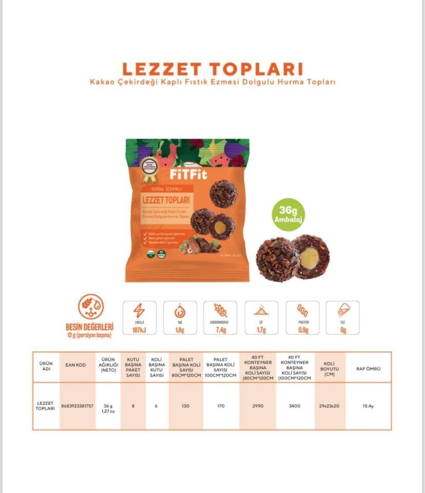 FİTFit Kakao Çekirdeği Kaplı Fındık Ezmesi Dolgulu Hurma Meyve Topları 36gr X 1 ADET