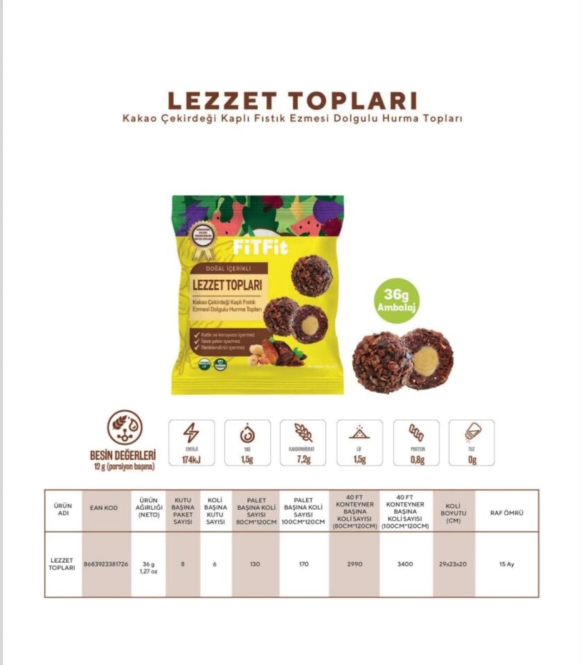 FİTFit Kakao Çekirdeği Kaplı Fıstık Ezmesi Dolgulu Hurma Meyve Topları 36gr X 1 ADET