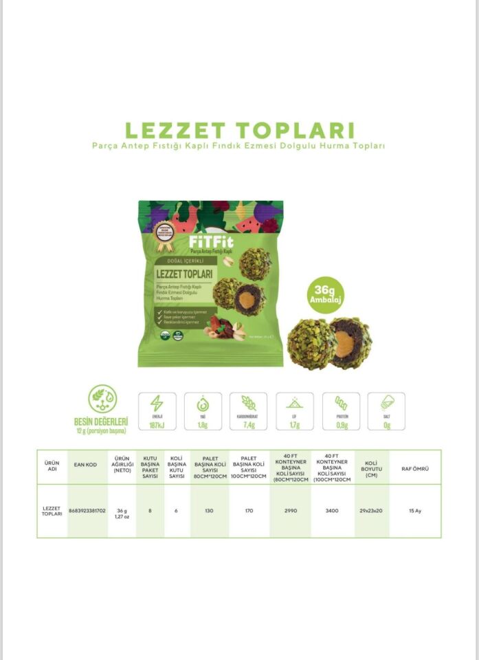 FİTFit Antep Fıstıklı ve Fıstık Ezmesi Dolgulu Hurmalı Meyve Topları 36GR X 1 ADET