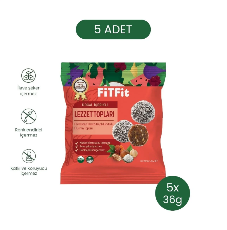 FitFit Hindistan Cevizi Kaplı Hurma Fındık Meyve Topları, Doğal Atıştırmalık 36 gr X 5 ADET