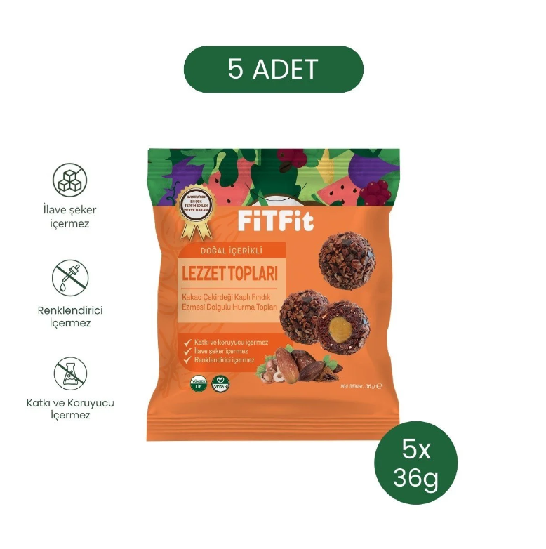 FitFit Kakao Çekirdeği Kaplı Fındık Ezmesi Dolgulu Hurma Meyve Topları, Doğal Atıştırmalık 36 gr X 5 ADET