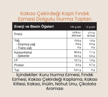FitFit Kakao Çekirdeği Kaplı Fındık Ezmesi Dolgulu Hurma Meyve Topları, Doğal Atıştırmalık 36 gr X 5 ADET