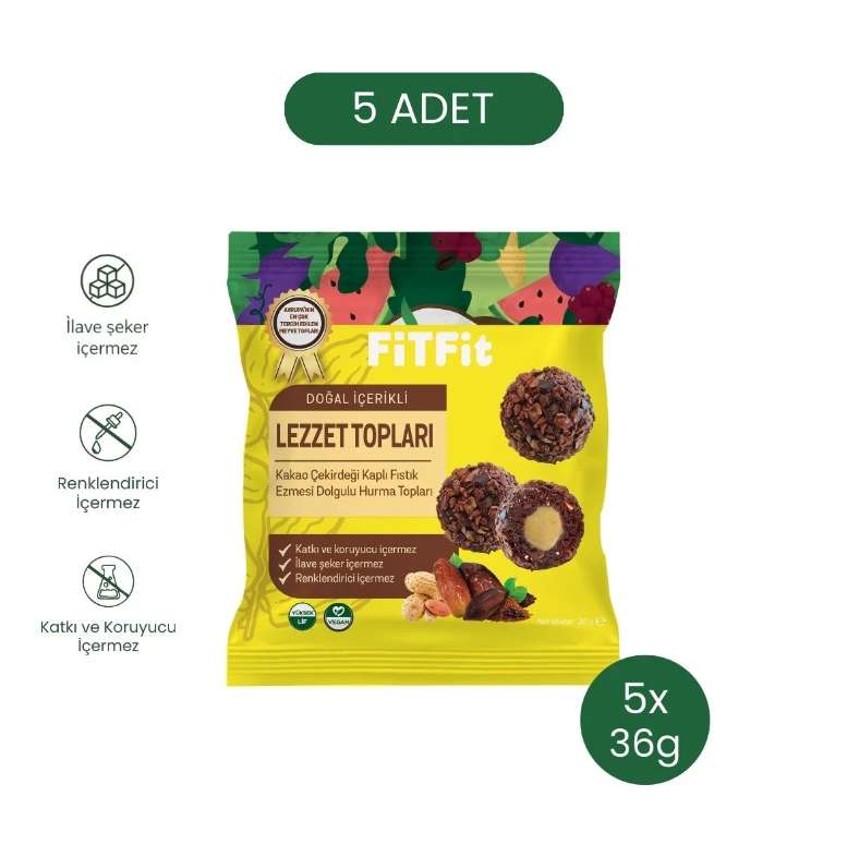 FitFit Kakao Çekirdeği Kaplı Fıstık Ezmesi Dolgulu Hurma Meyve Topları, Doğal Atıştırmalık 36 gr X 5 ADET