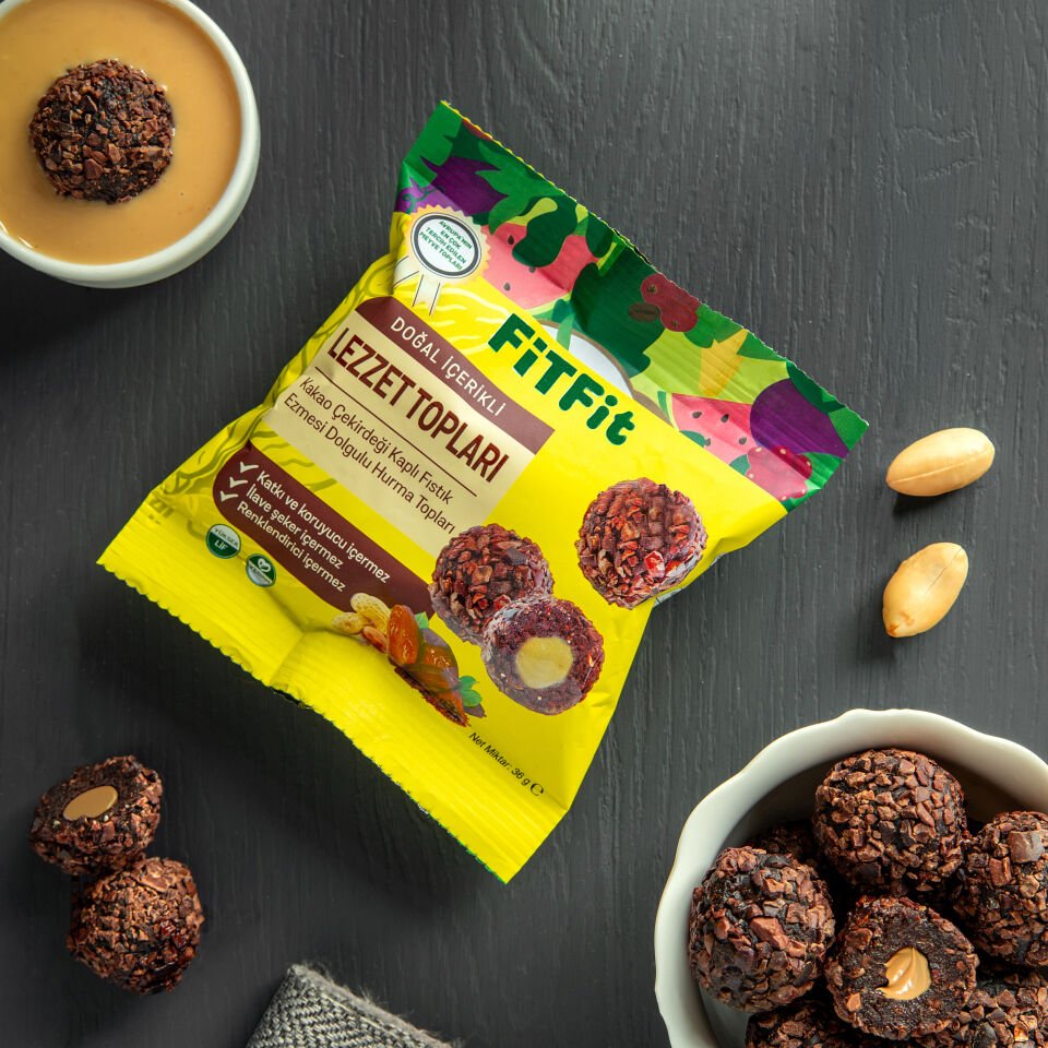 FitFit Kakao Çekirdeği Kaplı Fıstık Ezmesi Dolgulu Hurma Meyve Topları, Doğal Atıştırmalık 36 gr X 5 ADET