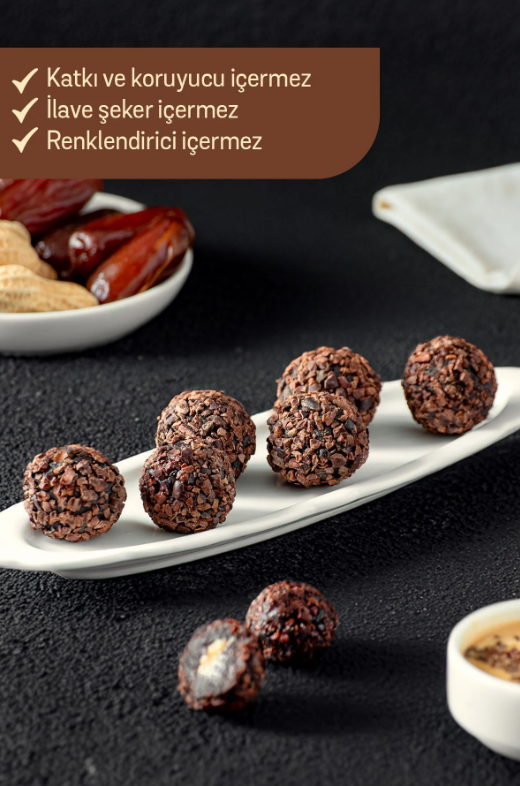 FitFit Kakao Çekirdeği Kaplı Fıstık Ezmesi Dolgulu Hurma Meyve Topları, Doğal Atıştırmalık 36 gr X 5 ADET