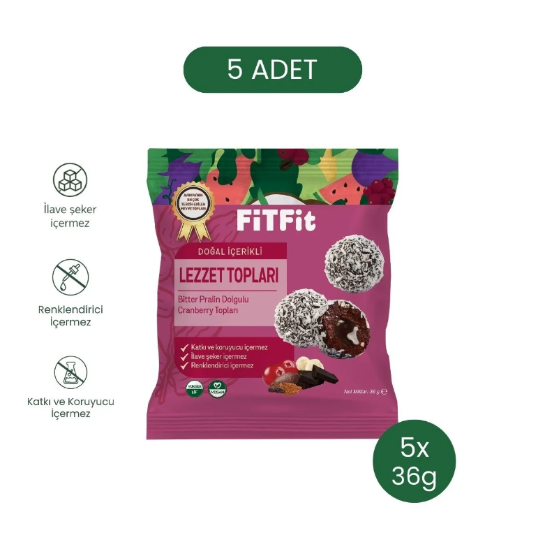 FitFit Cranberry Meyve Topları, Doğal Atıştırmalık 36 gr X 5 ADET
