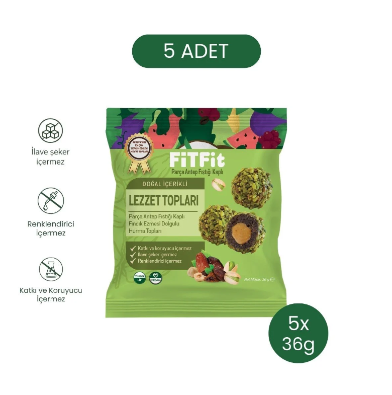 FitFit Antep Fıstıklı ve Fıstık Ezmesi Dolgulu Hurmalı Meyve Topları, Doğal Atıştırmalık 36 gr X 5 ADET