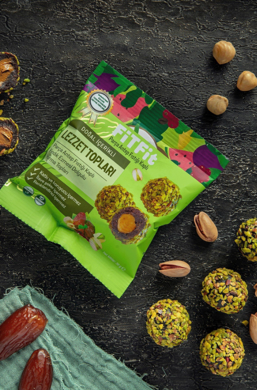 FitFit Antep Fıstıklı ve Fıstık Ezmesi Dolgulu Hurmalı Meyve Topları, Doğal Atıştırmalık 36 gr X 5 ADET