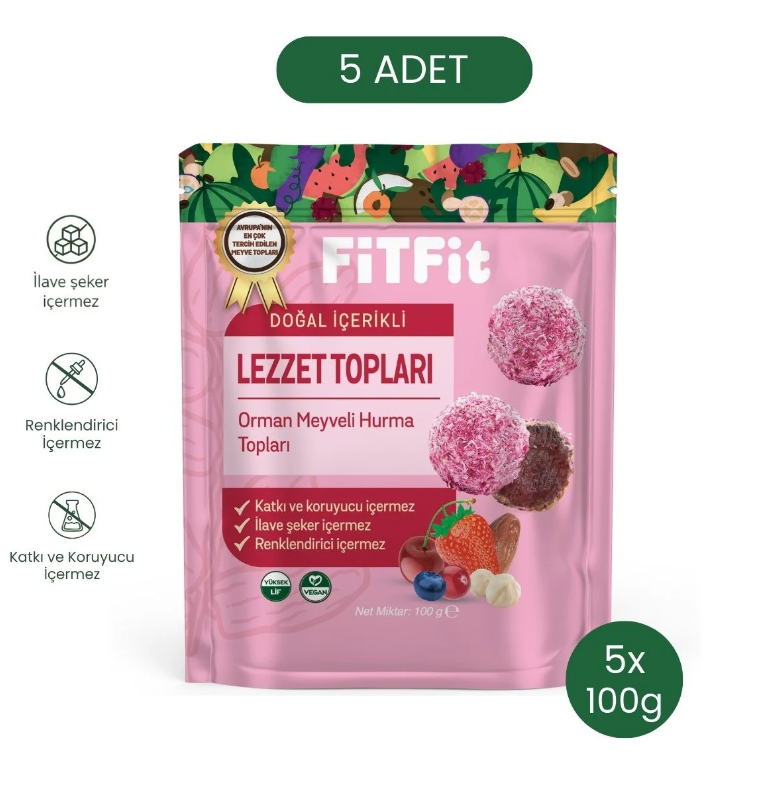 FiTFit Doğal İçerikli Sağlıklı Lezzet Topları | Orman Meyveli Hurma Meyve Topları, 100 gr x 5 ADET