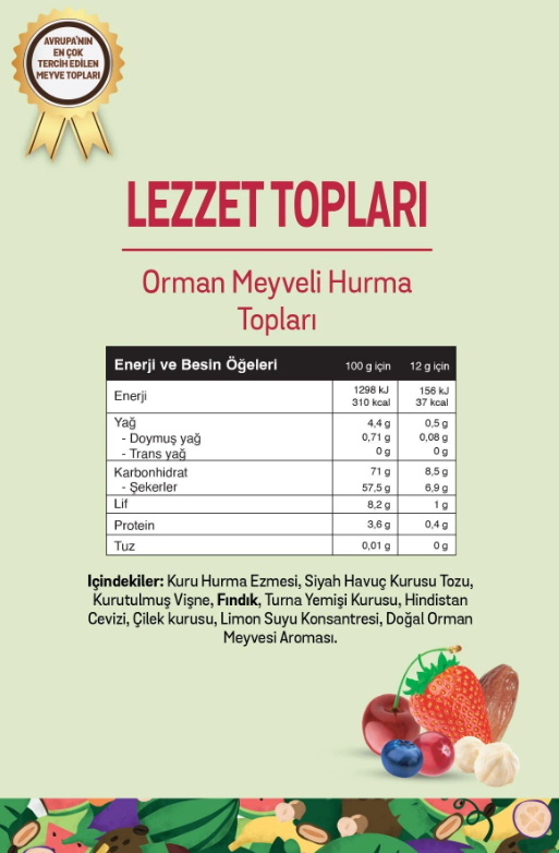 FiTFit Doğal İçerikli Sağlıklı Lezzet Topları | Orman Meyveli Hurma Meyve Topları, 100 gr x 5 ADET