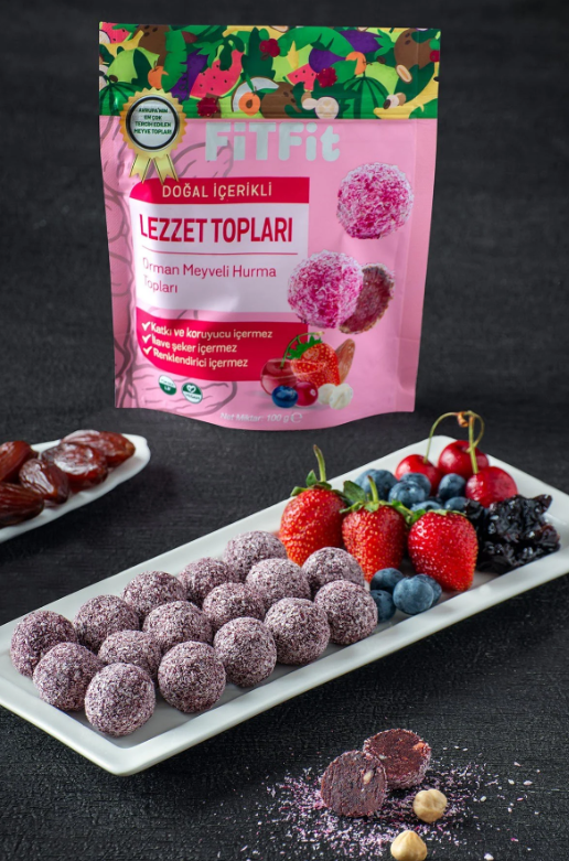 FiTFit Doğal İçerikli Sağlıklı Lezzet Topları | Orman Meyveli Hurma Meyve Topları, 100 gr x 5 ADET
