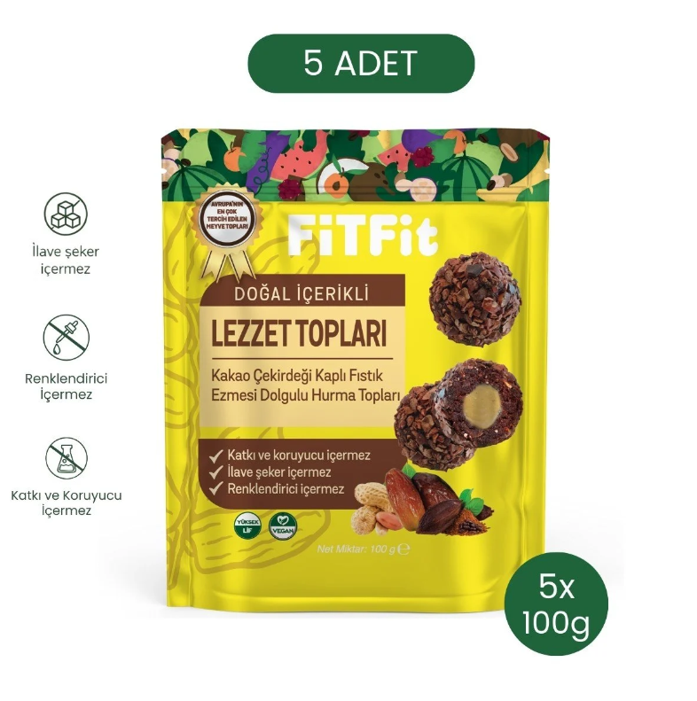 FiTFit Doğal İçerikli Lezzet Topları | Kakao Çekirdeği Kaplı Fıstık Ezmesi Dolgulu Hurma Topları 100 gr X 5 ADET