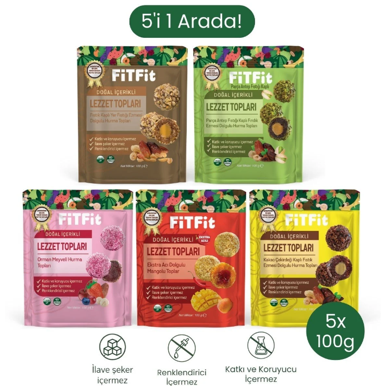 Lezzet Topu Mix Paket Dolgulu Hurma Meyve Topları Doğal Sağlıklı Atıştırmalık 100 gr X 5 ADET
