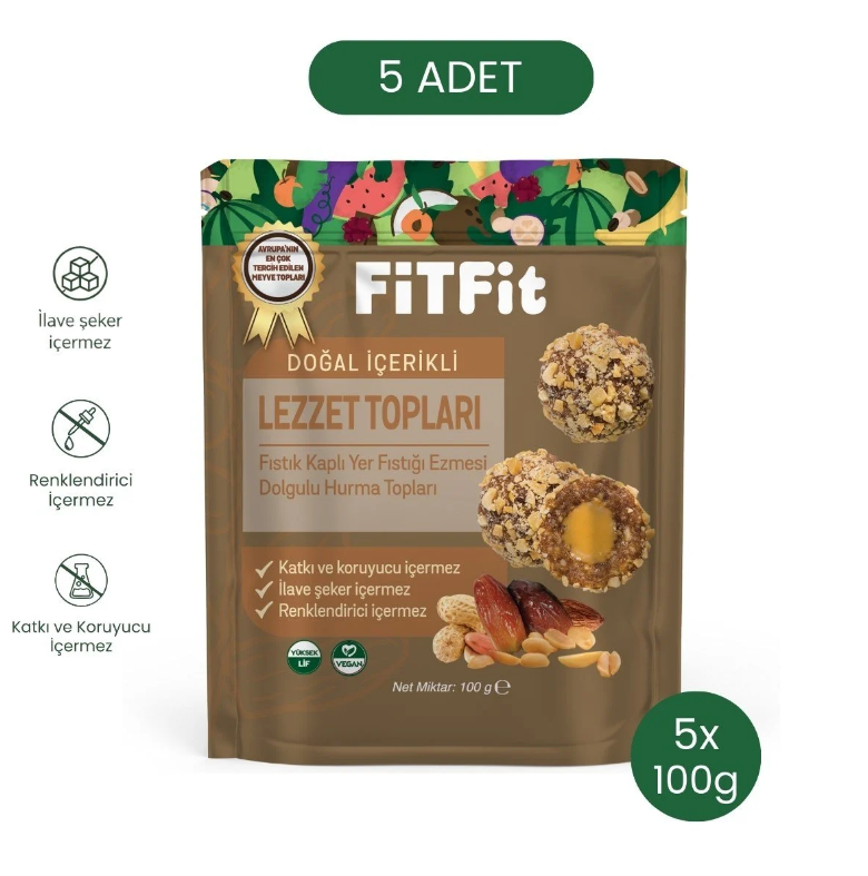 FiTFit Doğal İçerikli Lezzet Topları | Fıstık Kaplı Yer Fıstığı Ezmesi Dolgulu Hurma Topları 100 gr X 5 ADET