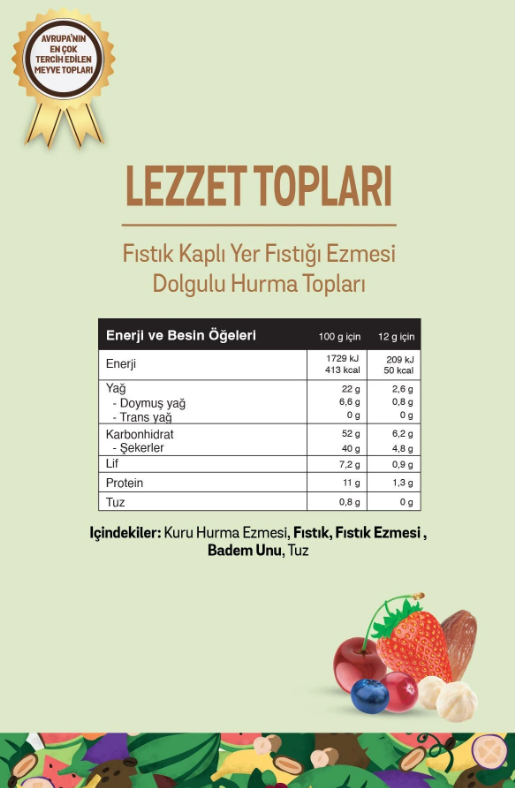 FiTFit Doğal İçerikli Lezzet Topları | Fıstık Kaplı Yer Fıstığı Ezmesi Dolgulu Hurma Topları 100 gr X 5 ADET