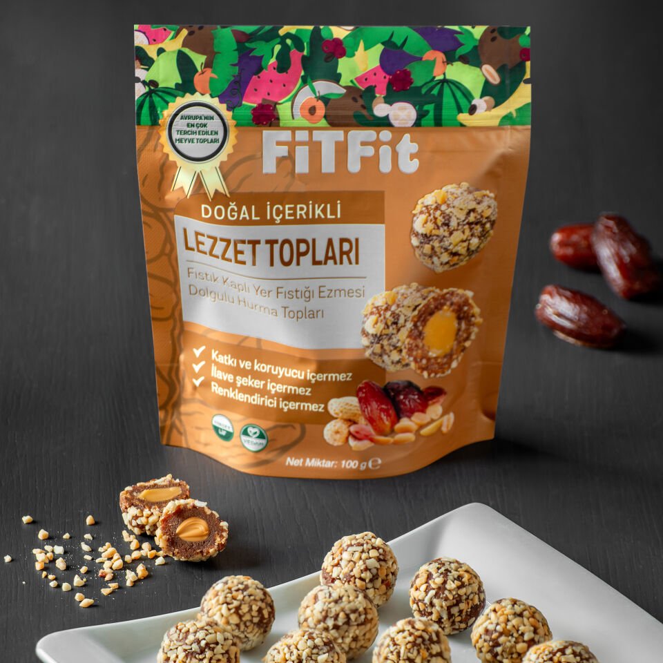 FiTFit Doğal İçerikli Lezzet Topları | Fıstık Kaplı Yer Fıstığı Ezmesi Dolgulu Hurma Topları 100 gr X 5 ADET