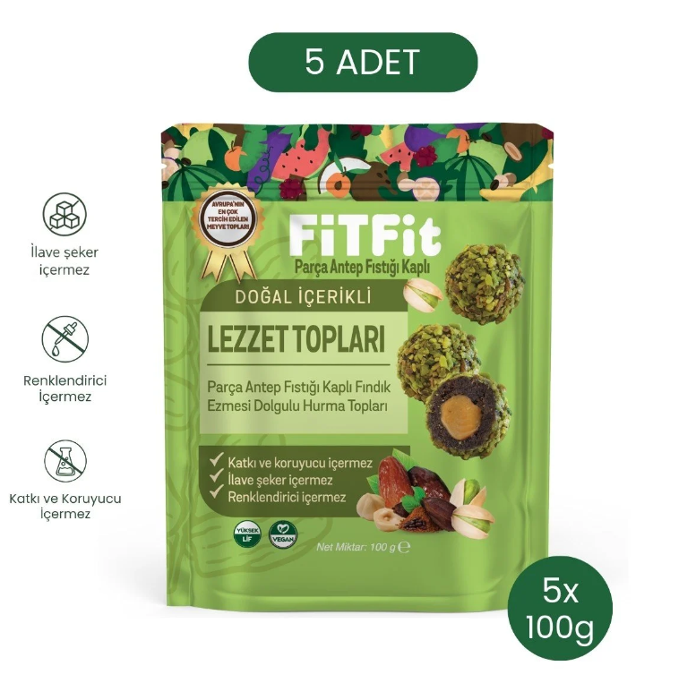 FiTFit Doğal İçerikli Lezzet Topları Antep Fıstıklı Fındık Ezmesi Dolgulu Lezzet Topları 100 gr x 5 ADET