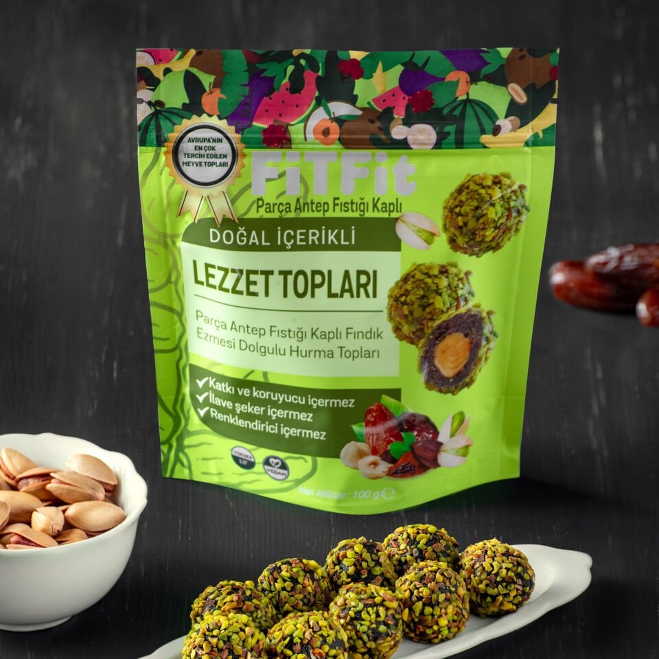 FiTFit Doğal İçerikli Lezzet Topları Antep Fıstıklı Fındık Ezmesi Dolgulu Lezzet Topları 100 gr x 5 ADET