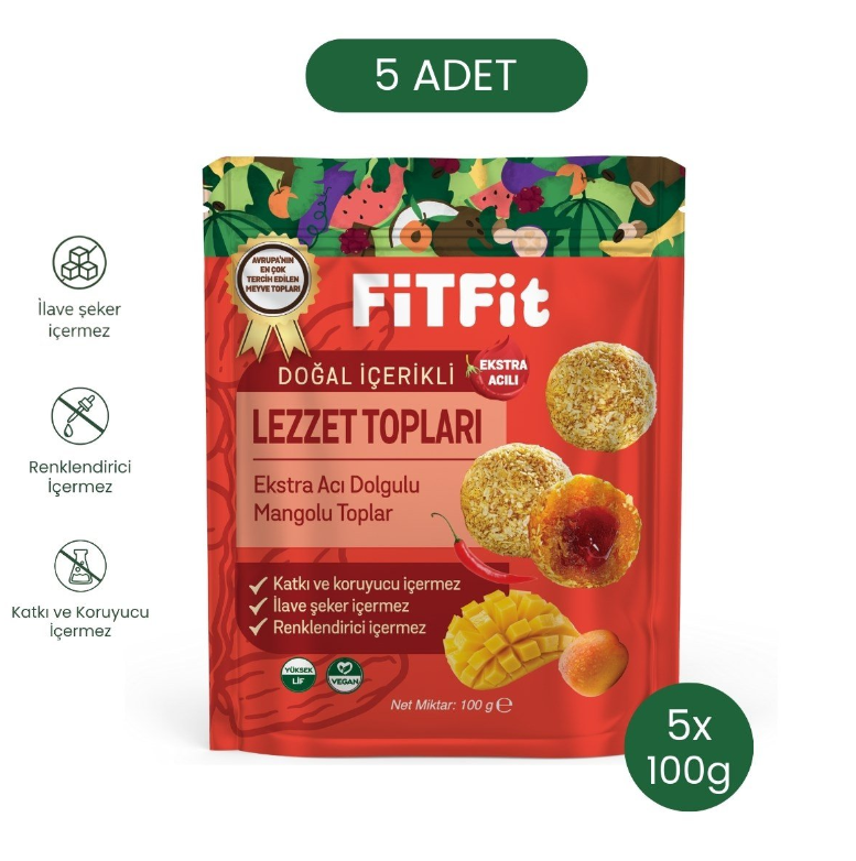 FiTFit Doğal İçerikli Lezzet Topları | Ekstra Acı Dolgulu Mangolu Hurma Meyve Topları 100 gr X 5 ADET