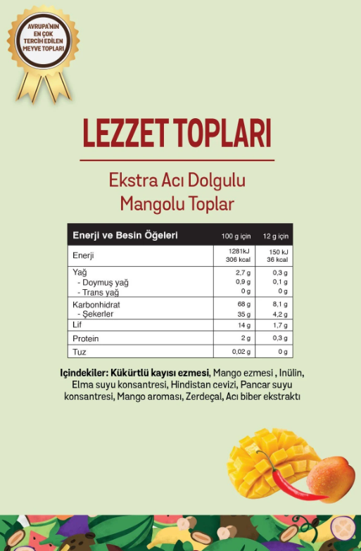 FiTFit Doğal İçerikli Lezzet Topları | Ekstra Acı Dolgulu Mangolu Hurma Meyve Topları 100 gr X 5 ADET